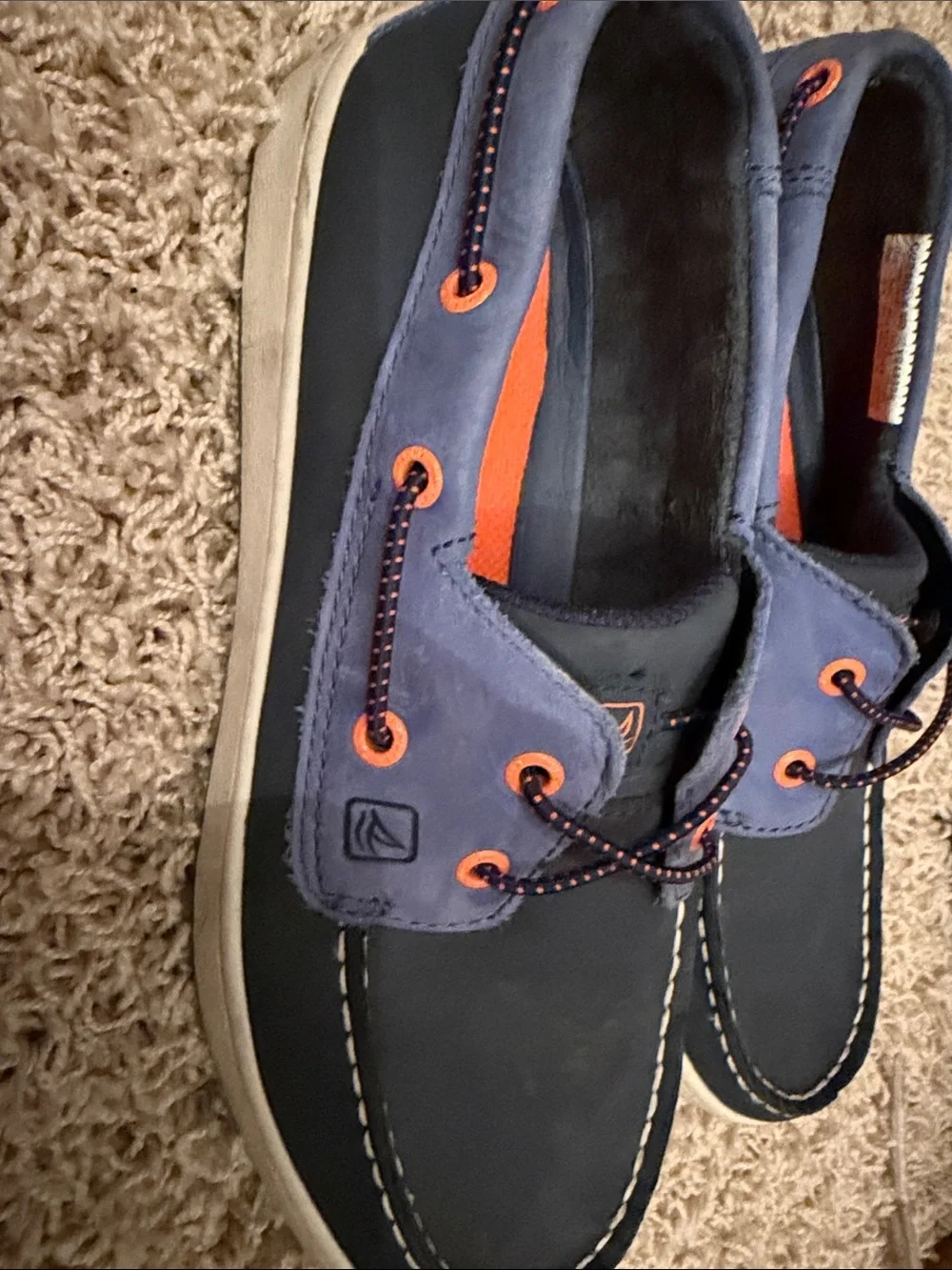 Sperry Navy and Light Blue Boat Shoes with Orange Details Big Kids Size 5